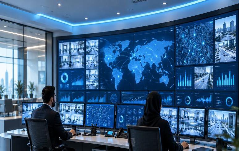 Operators at a control room video wall