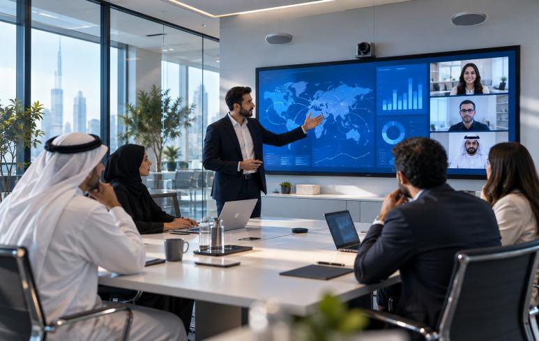 Executive meeting with a video conference display