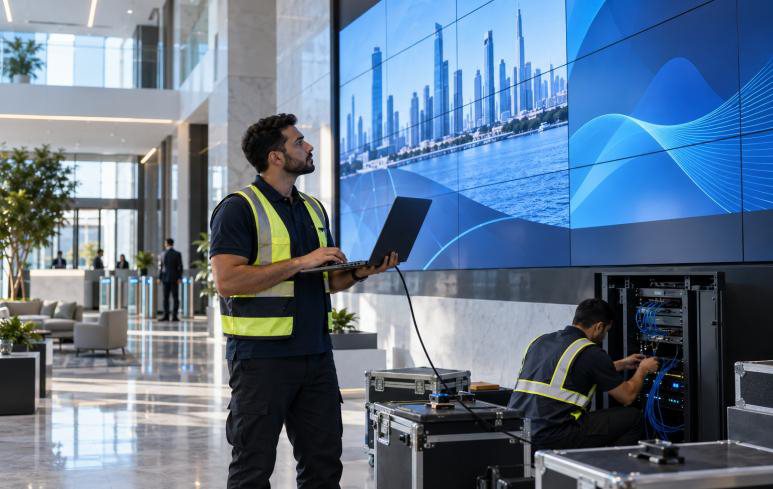 Engineers commissioning a video wall