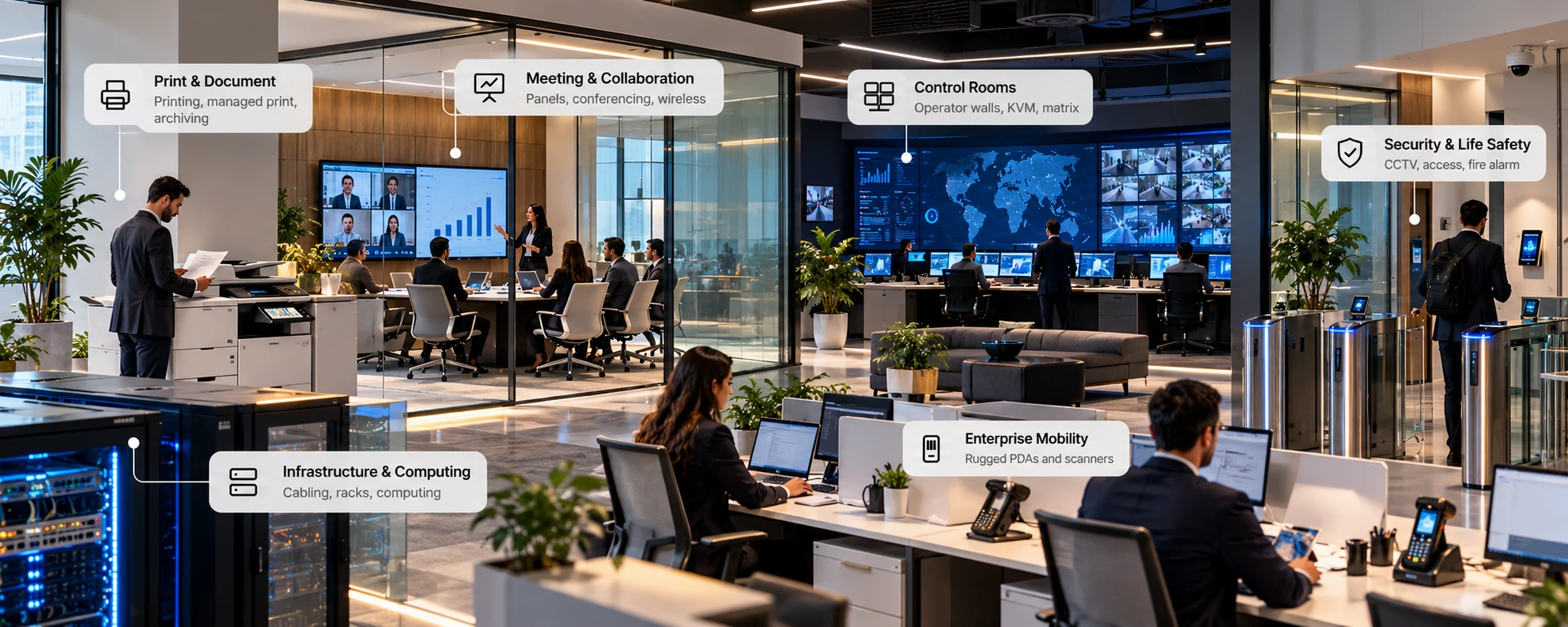 Integrated solutions: print and document, meeting and collaboration, control rooms, security and life safety, infrastructure and enterprise mobility