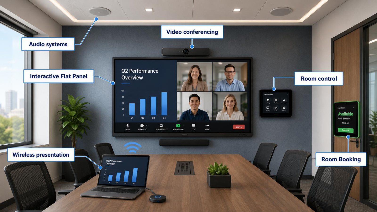 Meeting room showing audio systems, video conferencing, interactive flat panel, room control, wireless presentation and room booking